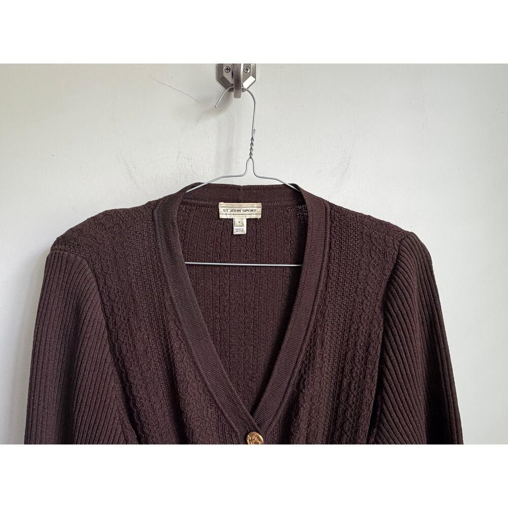St. John Sport Wool Blend Puff Sleeve V-Neck Cardigan Sweater Brown Womens Large - Picture 3 of 9